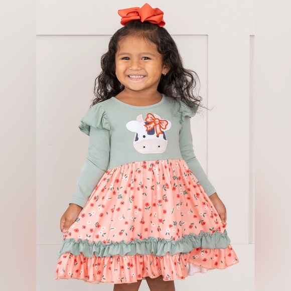 Marie Nicole Other - NWT Marie Nicole Girls Size 5Floral Green and Pink Cow Farm Long Sleeve Dress